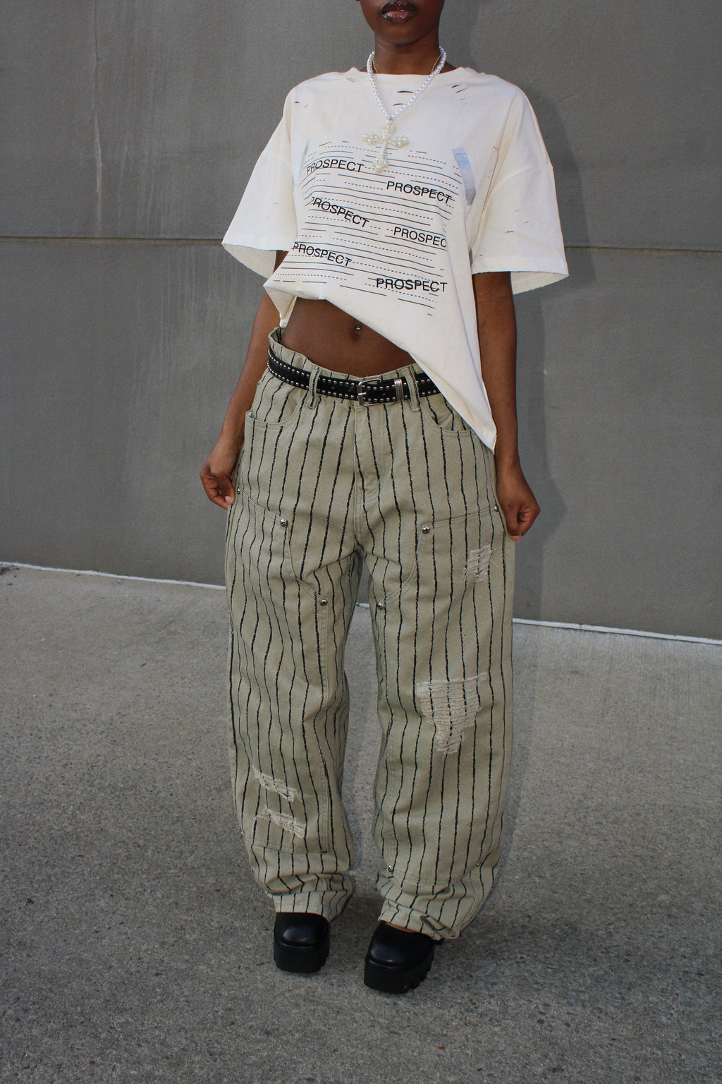 Double knee pinstriped matcha carpenter denim